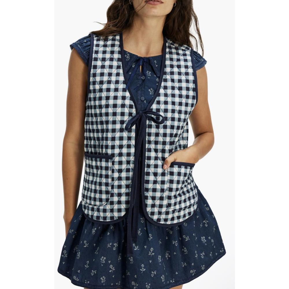 NWT! Free People Claudine Quilted Vest in Navy Gingham Size Small